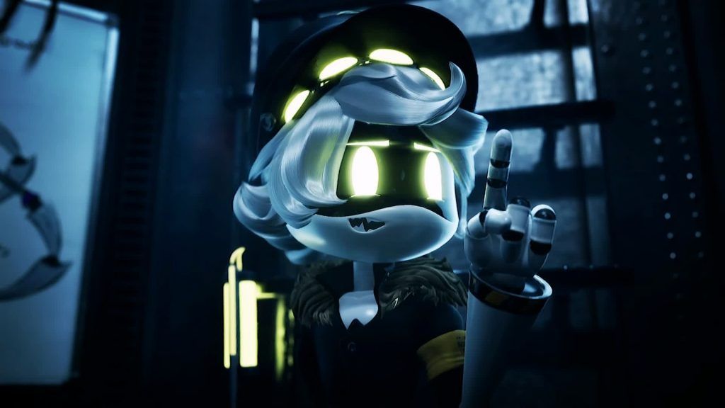 A glowing-eyed drone raising one finger while speaking in a dim industrial room