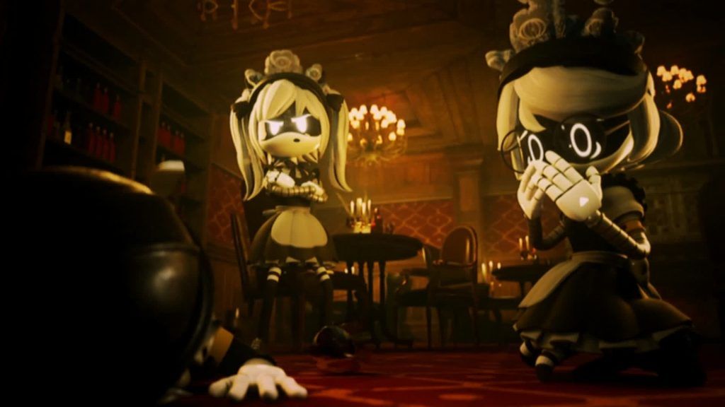 Two maid drones reacting in shock to another drone lying on the floor of a candle-lit room