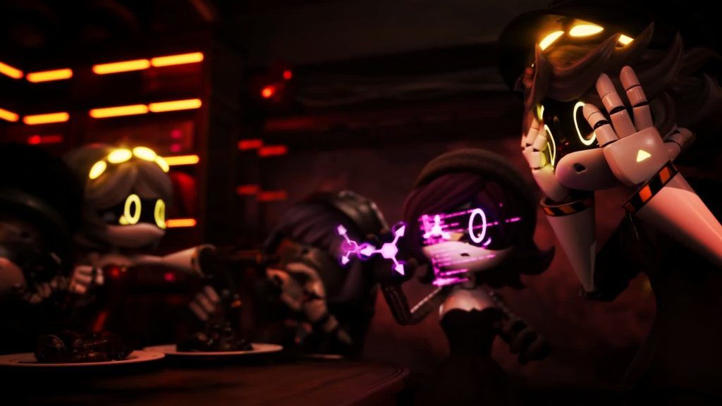 Several drones sitting at a table in a red-lit room, one shocking another drone with electric sparks