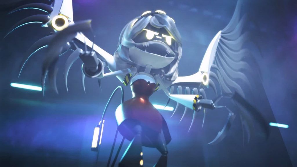 A disassembly drone with mechanical wings and glowing eyes screaming in a blue-lit room