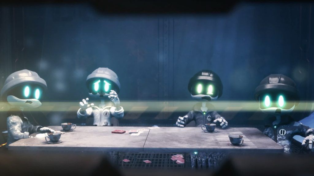 Four robots with glowing eyes sitting at a table with cups in a dimly lit room