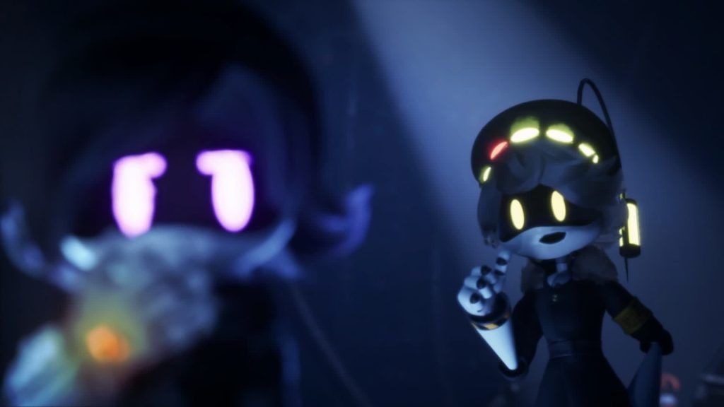 Two glowing-eyed robots in a dark room, one standing and the other in the foreground