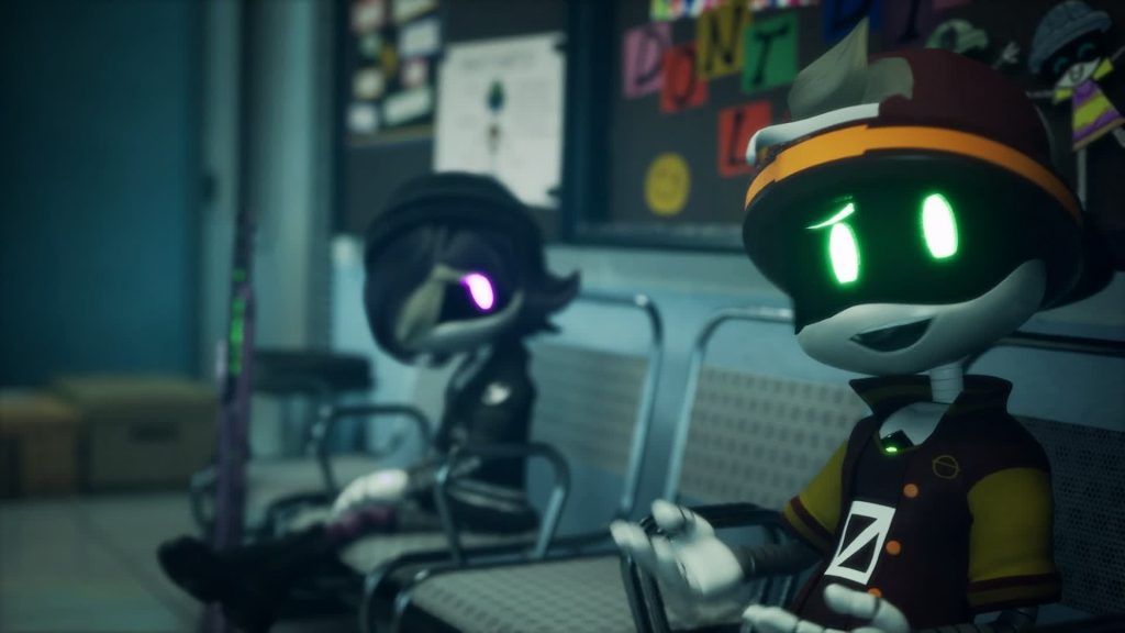 Two glowing-eyed robots standing in a dark room with one looking surprised