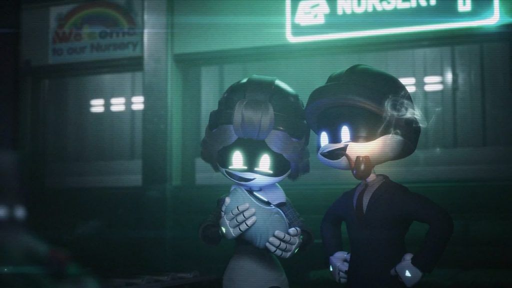 Two robot characters holding a baby outside a nursery at night