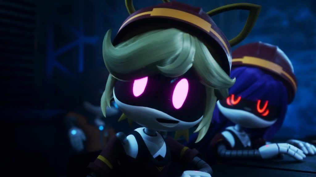 A pink-eyed drone looking worried while another red-eyed drone watches behind
