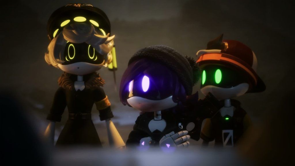 Three drones with glowing eyes standing together and looking ahead in the dark