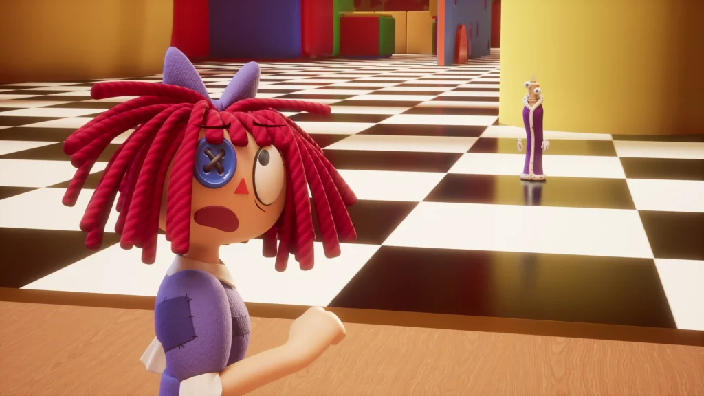 Ragatha stands among surreal surroundings in the Digital Circus
