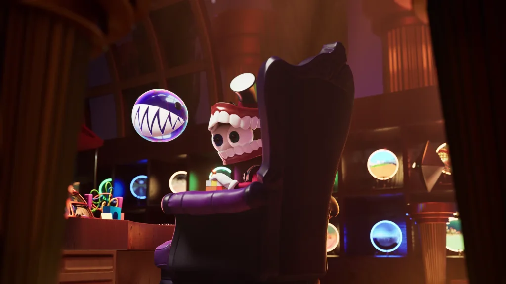 Bubble floats above the characters in a Digital Circus setting