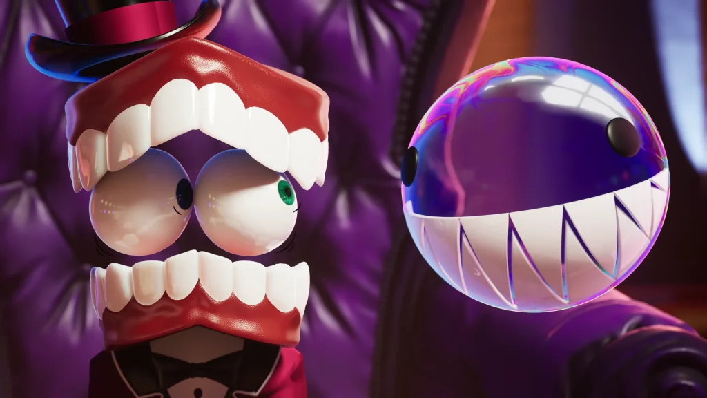 Bubble hovers close to Caine in a brightly lit office in the Digital Circus