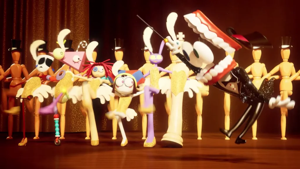 A lively scene where all characters dance and Dr. Football performs in the background in the Digital Circus