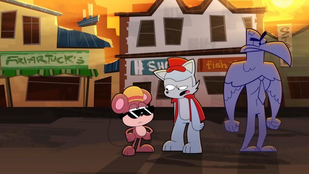 Street argument Three characters argue on a street at sunset in Catching Up.