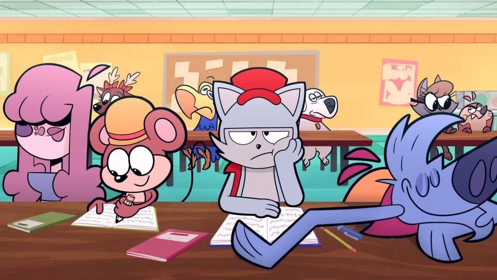 Classroom scene Characters sit in a colorful classroom writing in their notebooks in Catching Up.