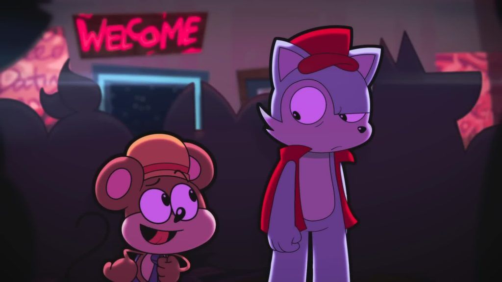 Party entrance Two main characters stand in a crowded party entrance with a neon welcome sign in Catching Up.