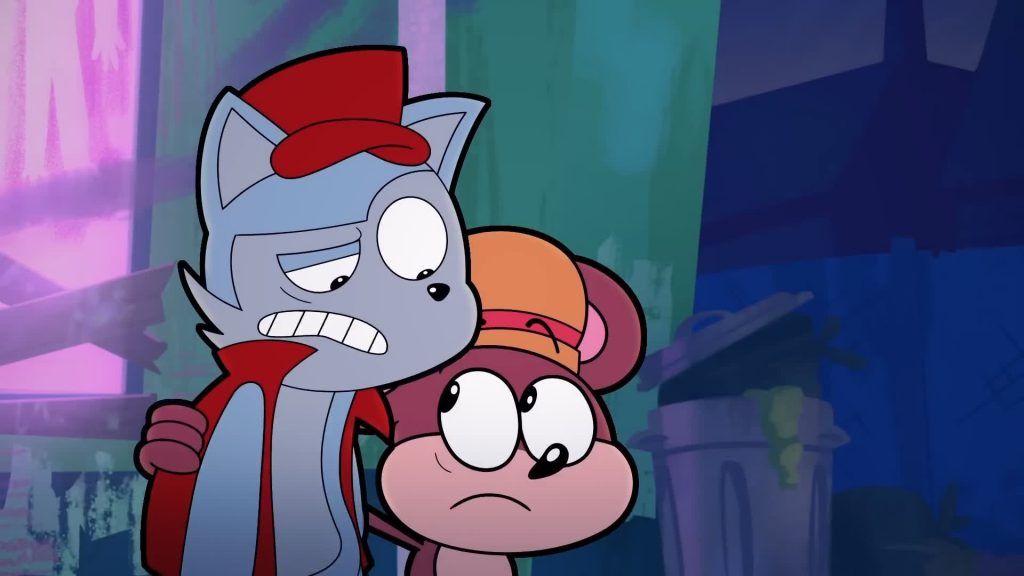 Emotional moment Main character comforts his friend in an alleyway with neon lights in Catching Up.