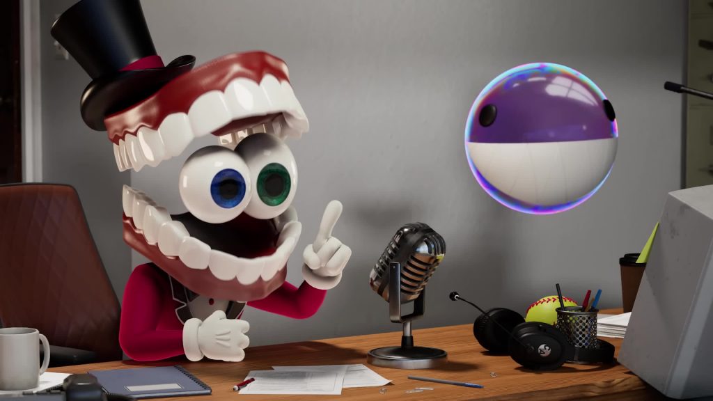 Caine at a desk talking to Bubble into a microphone