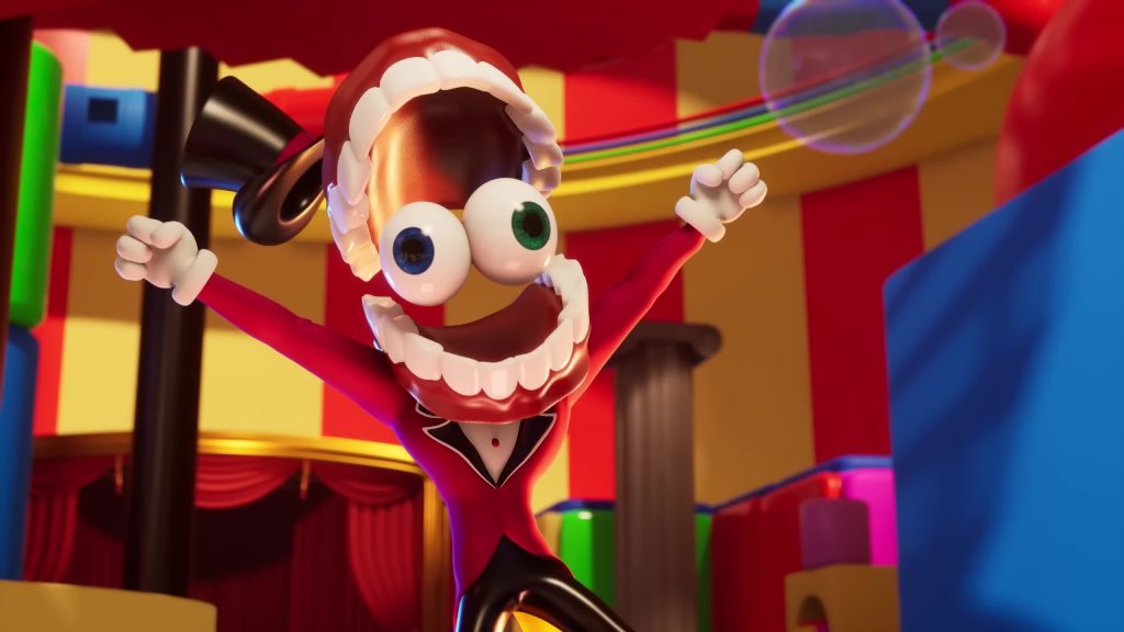 Caine character smiling and raising arms inside the circus arena
