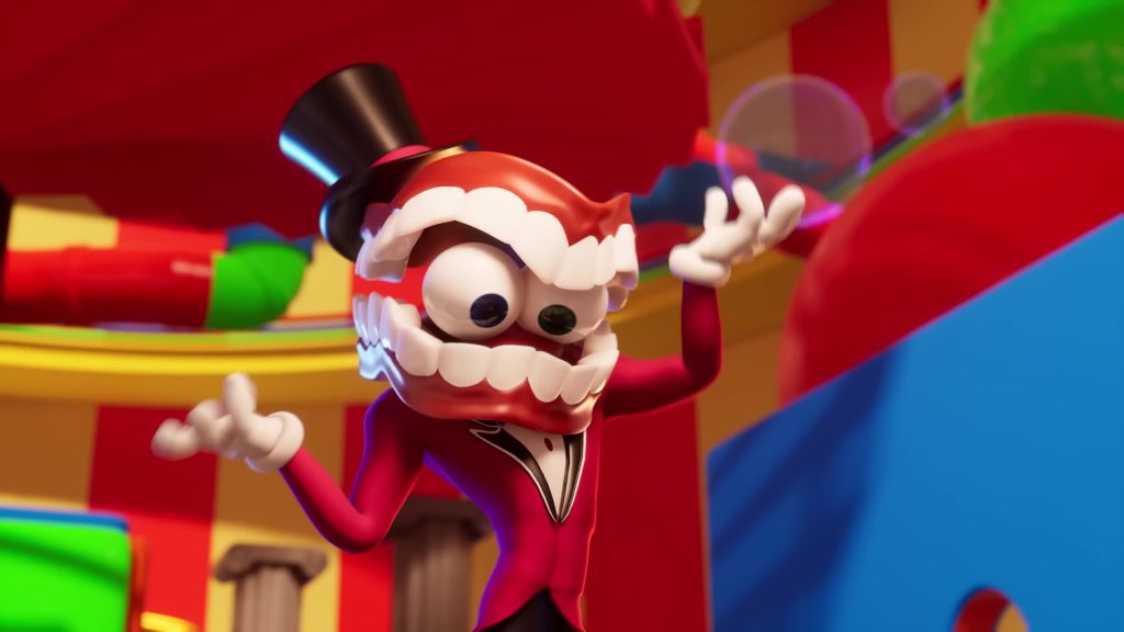 Caine character gesturing with confusion in the colorful circus interior