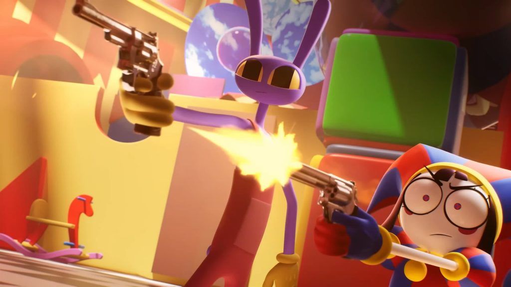 Pomni and Jax shoot revolvers together as bright flashes fill the colorful Digital Circus room.