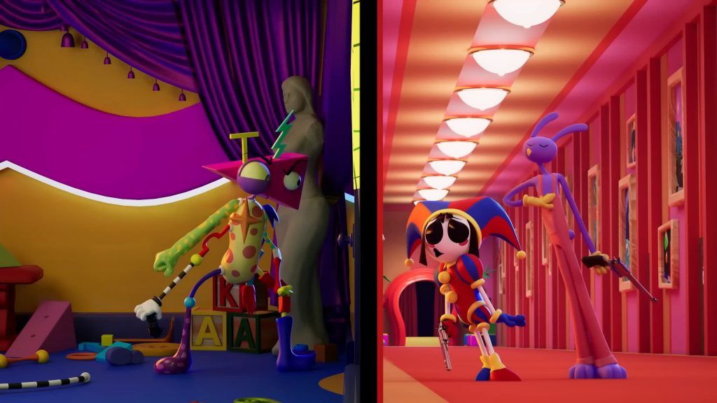 Zooble hides in a toy room while Pomni and Jax stand ready with revolvers in the Digital Circus hallway.