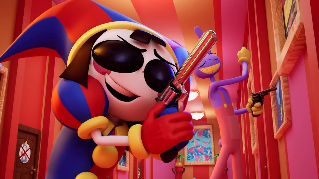 Pomni and Jax strike cool poses with revolvers and sunglasses in the red hallway of the Digital Circus.