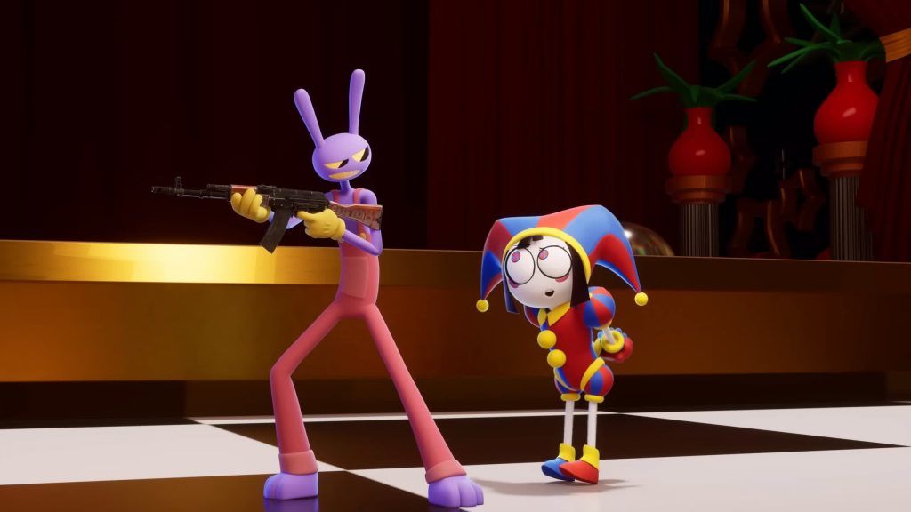 Jax holds a rifle confidently while Pomni watches him in the Digital Circus stage scene.
