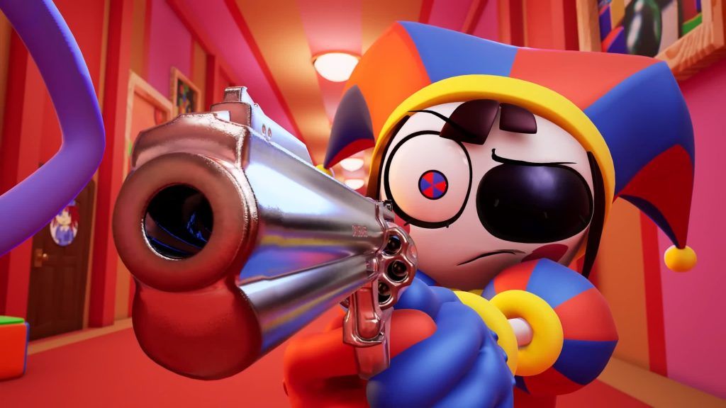 Pomni points a large silver revolver forward with determination inside the red hallway of the Digital Circus.