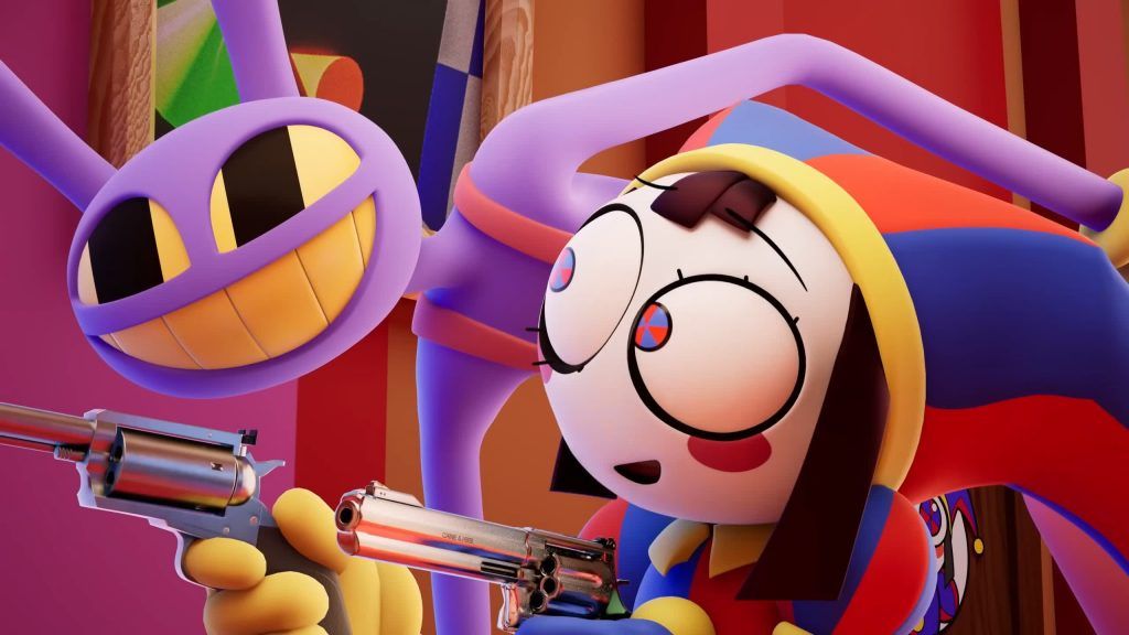 Jax and Pomni grin mischievously while holding shiny revolvers in the Digital Circus corridor.