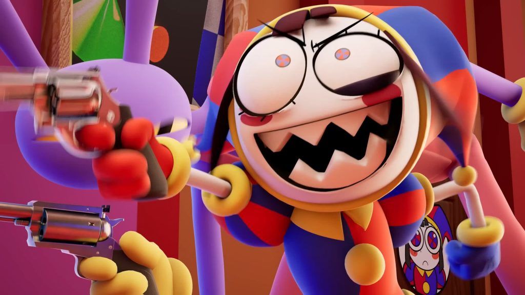 Pomni laughs maniacally while Jax fires alongside her in the bright hallway of the Digital Circus.