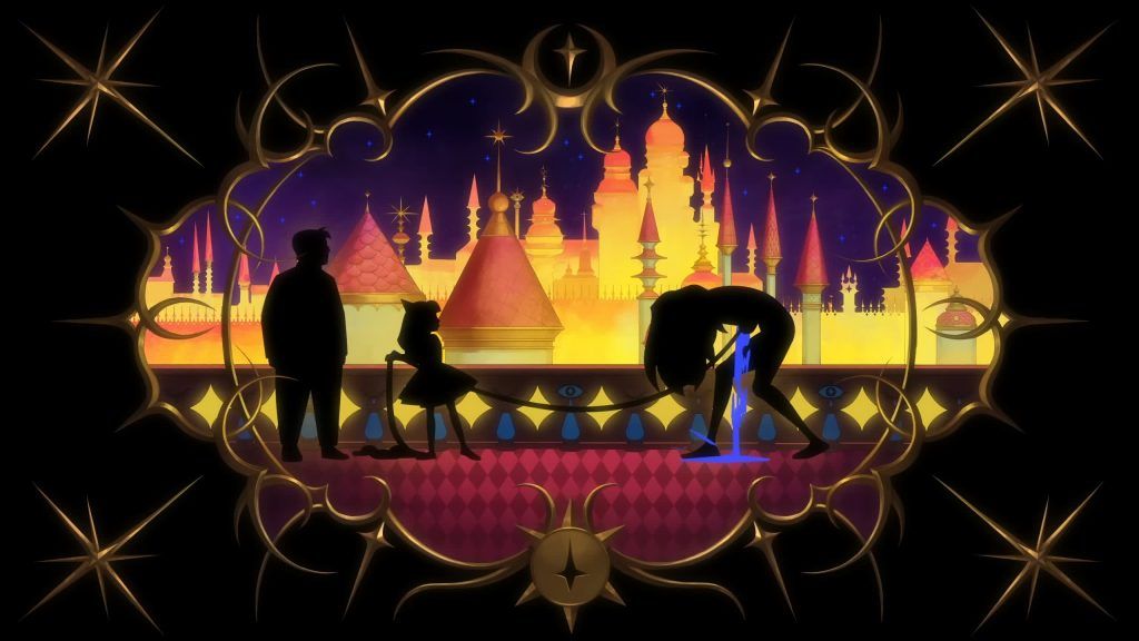 Silhouettes of Orville, young Olivia, and Guinevere frame the fairy-tale city in Knights of Guinevere.