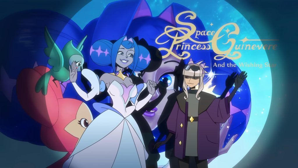 Guinevere poses for the in-universe show poster beside Orville and mascots in Knights of Guinevere.