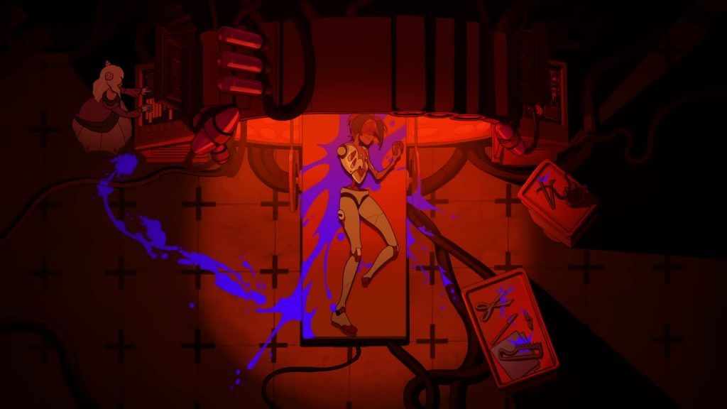 Guinevere lies on a red-lit operating table amid tools and cables in Knights of Guinevere.