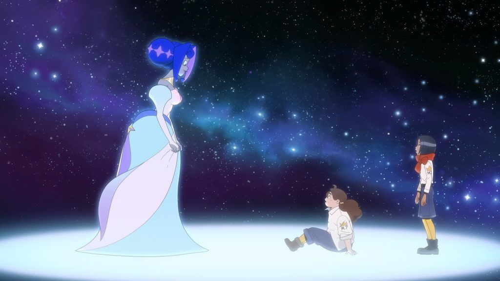 Guinevere greets young Andi and Frankie on a starry plane in Knights of Guinevere.