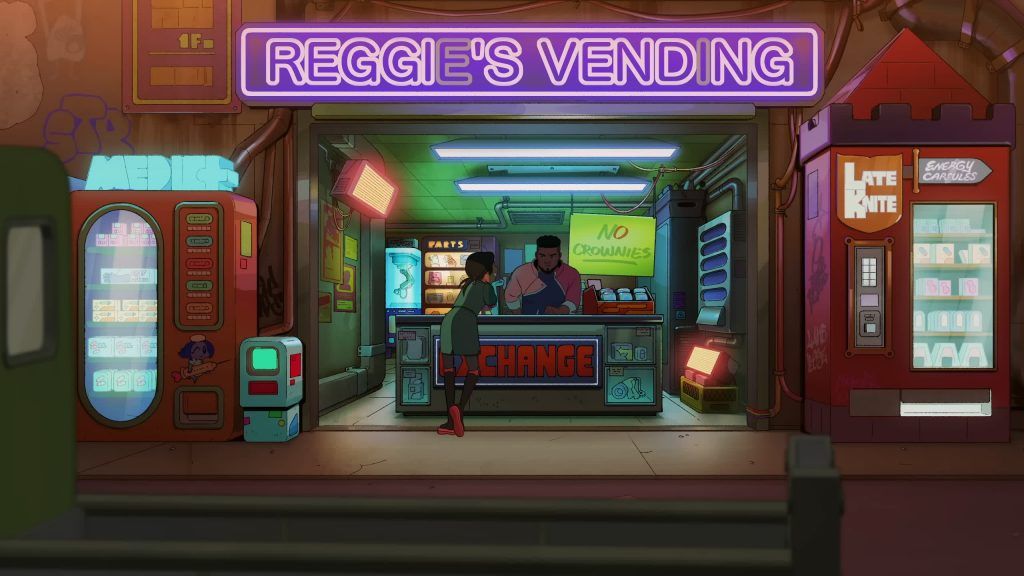 Reggie tends his neon-lit shop Reggie’s Vending as a customer approaches in Knights of Guinevere.
