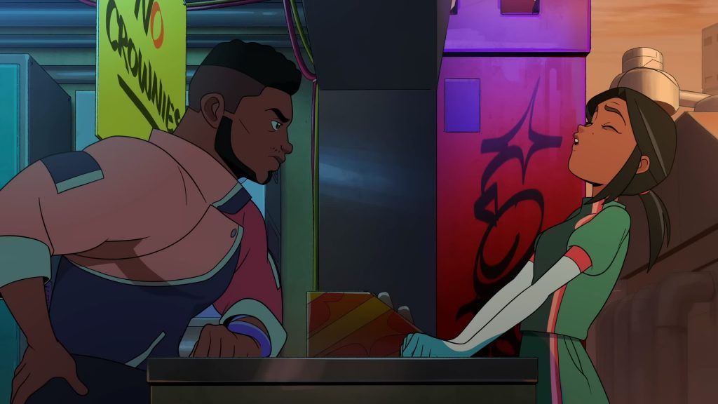 Reggie argues across the counter with Andi outside his vending booth in Knights of Guinevere.
