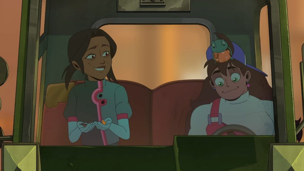 Andi rides with Frankie in a truck at dusk, sharing a quiet moment in Knights of Guinevere.