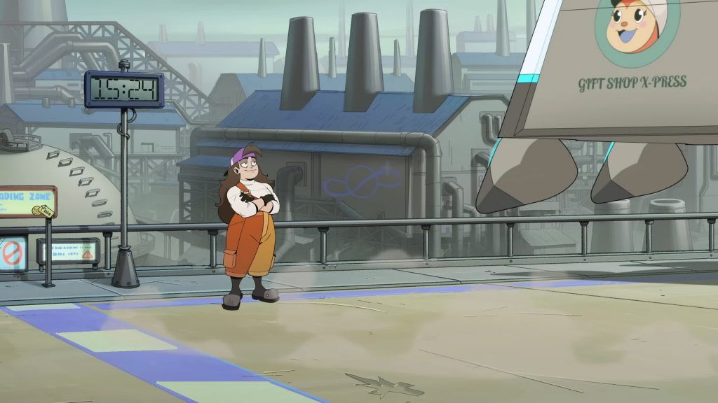 Frankie stands at the loading zone beside an arriving airship in Knights of Guinevere.