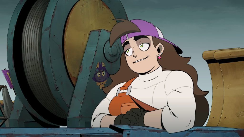 Frankie leans on machinery with a confident smile and her cat companion nearby in Knights of Guinevere.