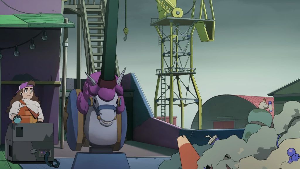 Frankie operates a control panel beside a mechanical unicorn in Knights of Guinevere.