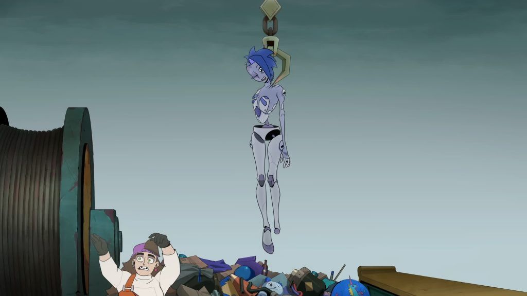Frankie reacts in shock as a suspended android girl hangs from a crane in Knights of Guinevere.