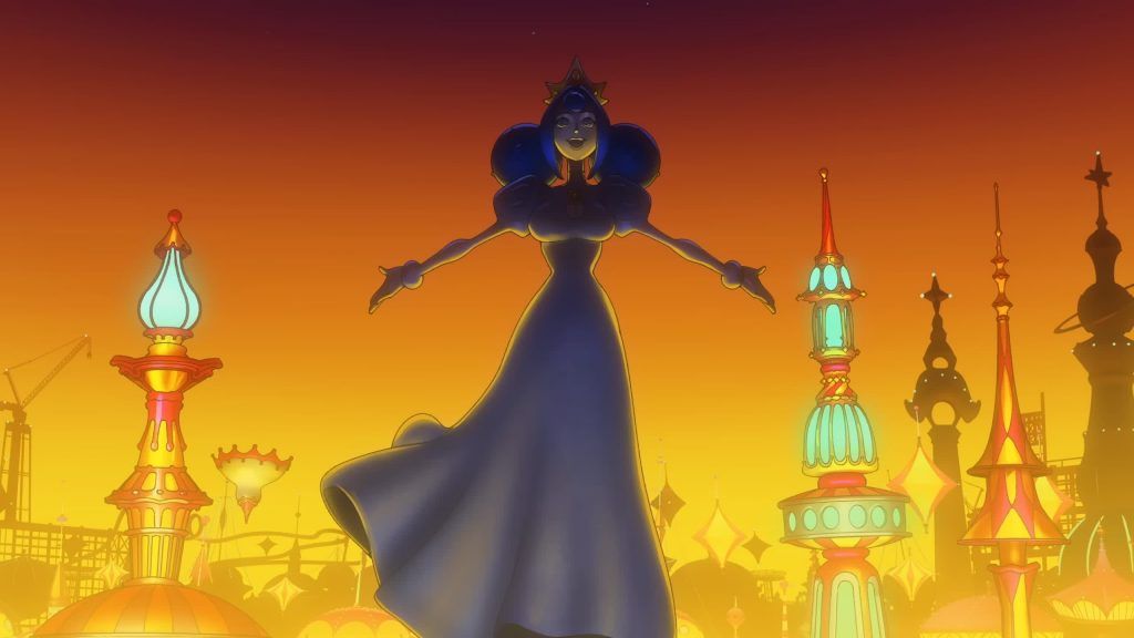 Guinevere floats above the sparkling towers of Park Planet at sunset in Knights of Guinevere.