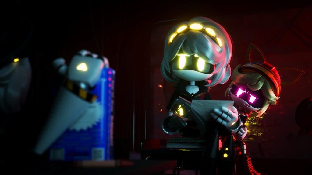 Two drones reading papers under red and yellow light with another small drone nearby
