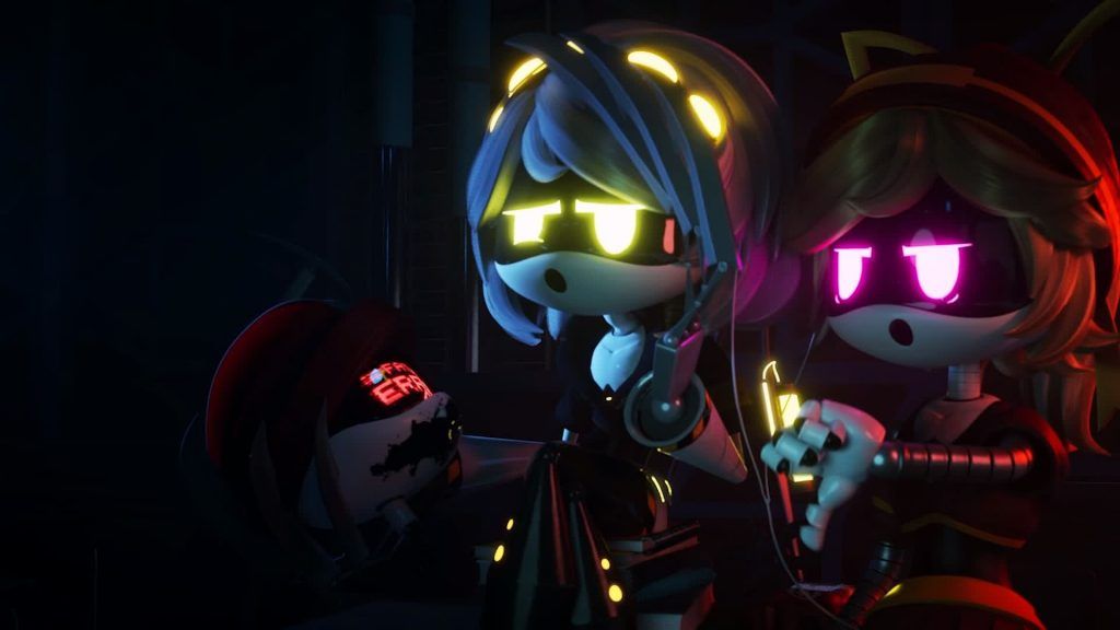 Two drones with glowing eyes looking at a fallen drone with an error message in a dark room