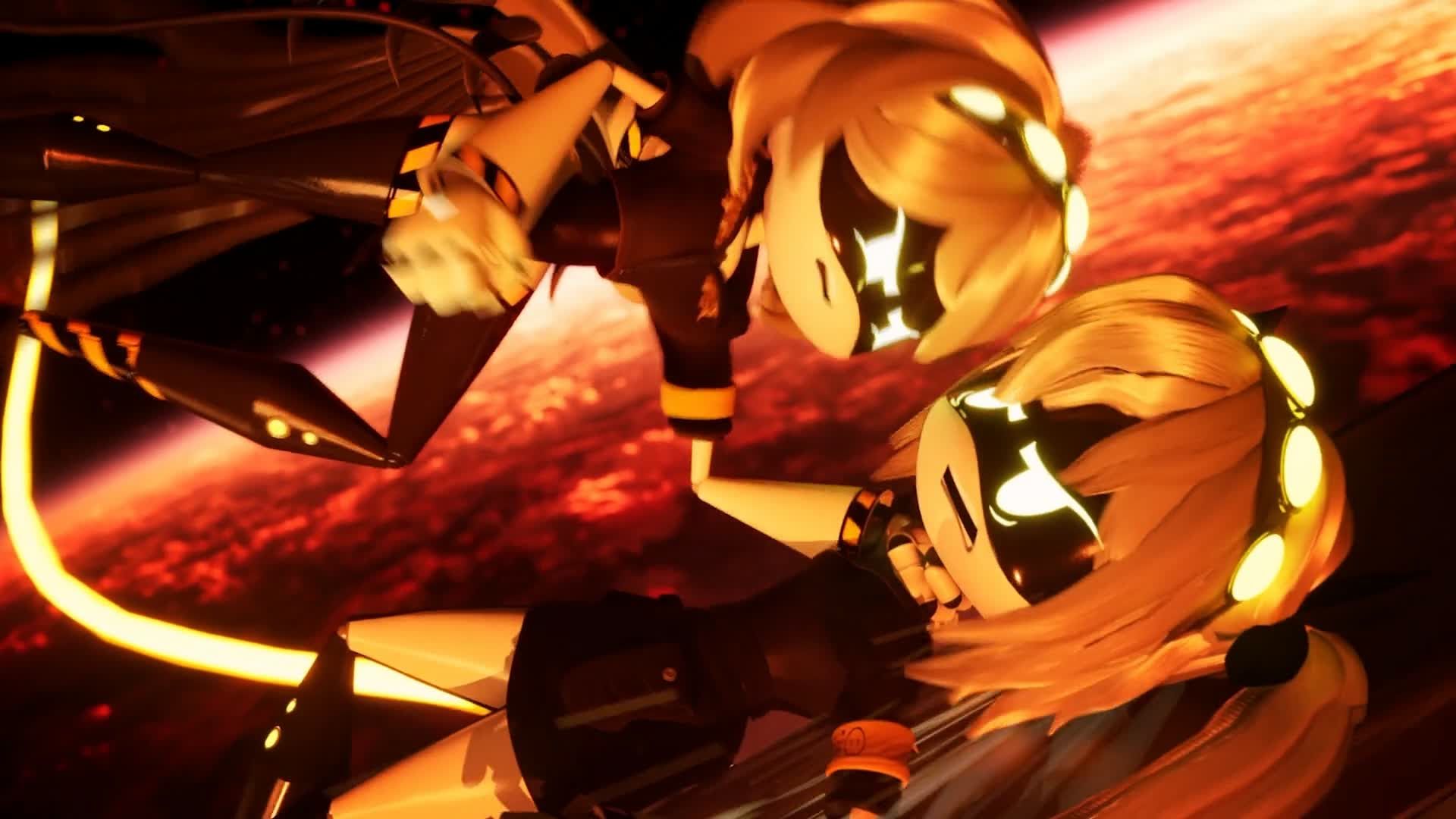 Two drones with glowing eyes facing each other midair against a red planet backdrop