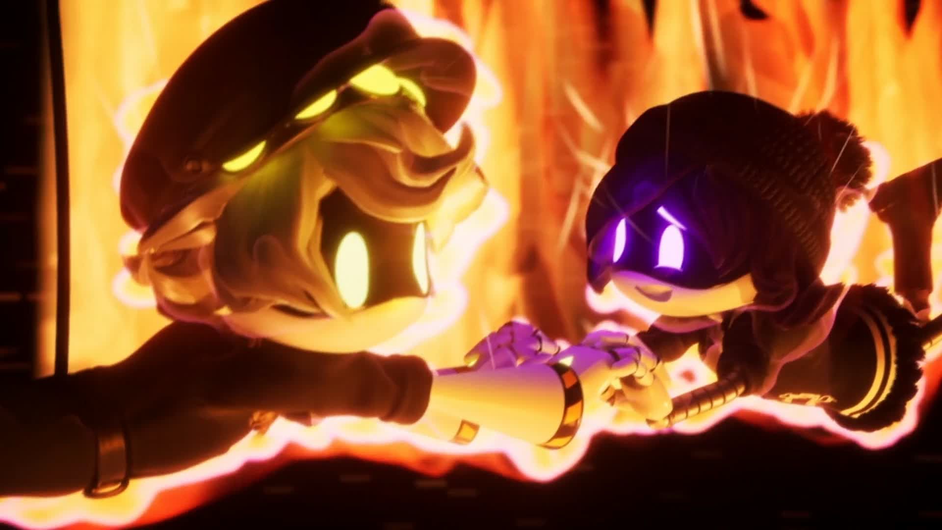 Two drones reaching out to each other while surrounded by flames and intense orange light