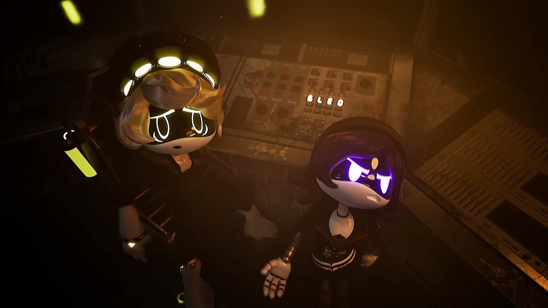 Two drones standing beside a control panel, illuminated by warm yellow light in a dim room