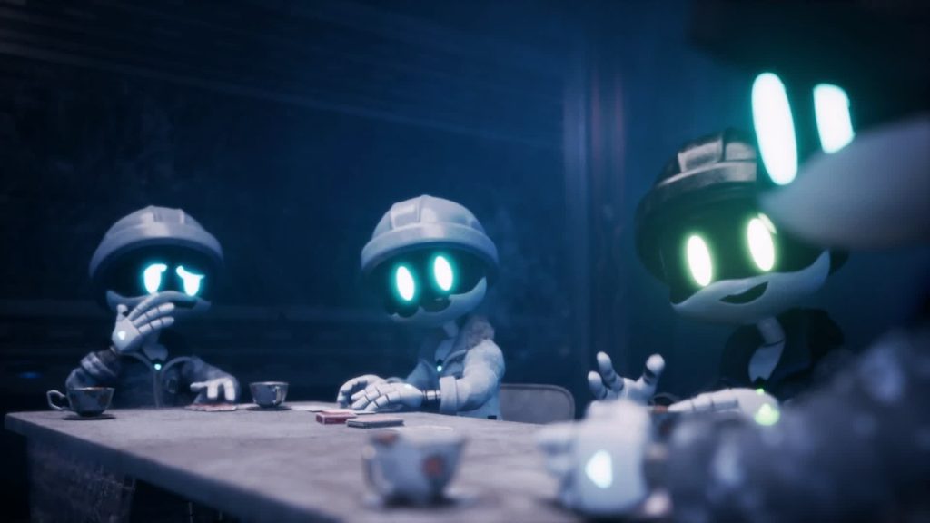 Worker drones Todd, Makarov and Braxton sit at a card table in Murder Drones.