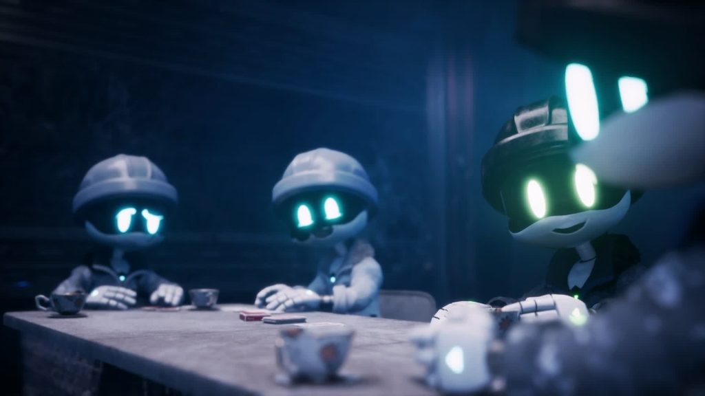 Worker drones Todd, Makarov and Braxton drink tea and play cards in Murder Drones.