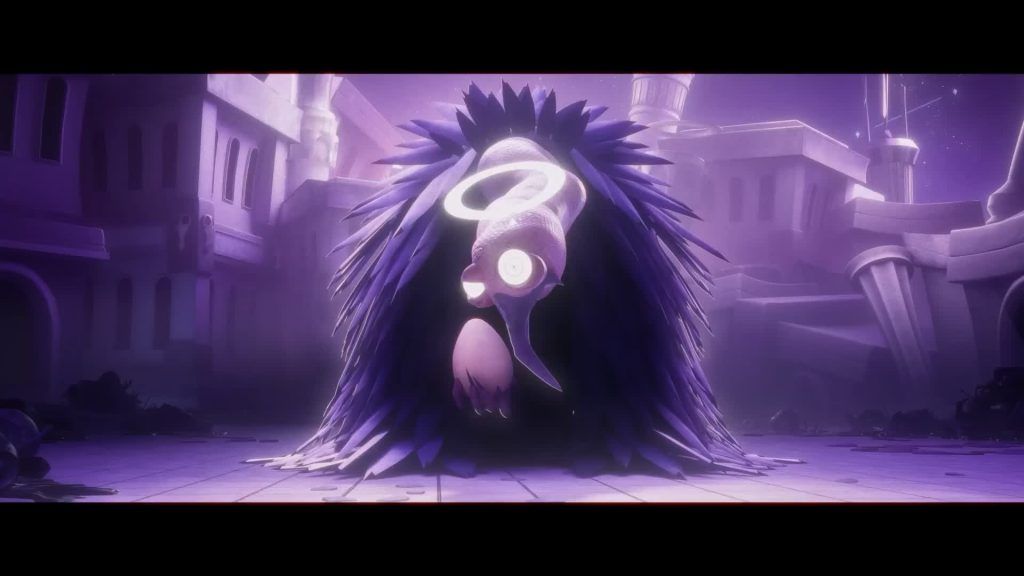 Feathered creature A large feathered creature with a halo crouches in a ruined city glowing purple in The Gaslight District.