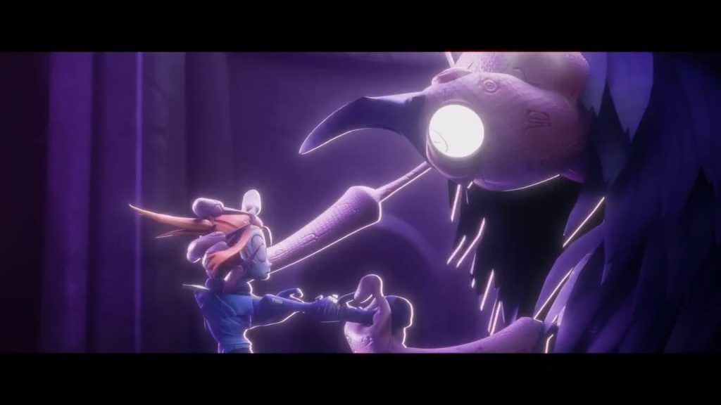 Confrontation with bird creature A woman confronts a giant bird-like creature glowing in purple light in The Gaslight District.