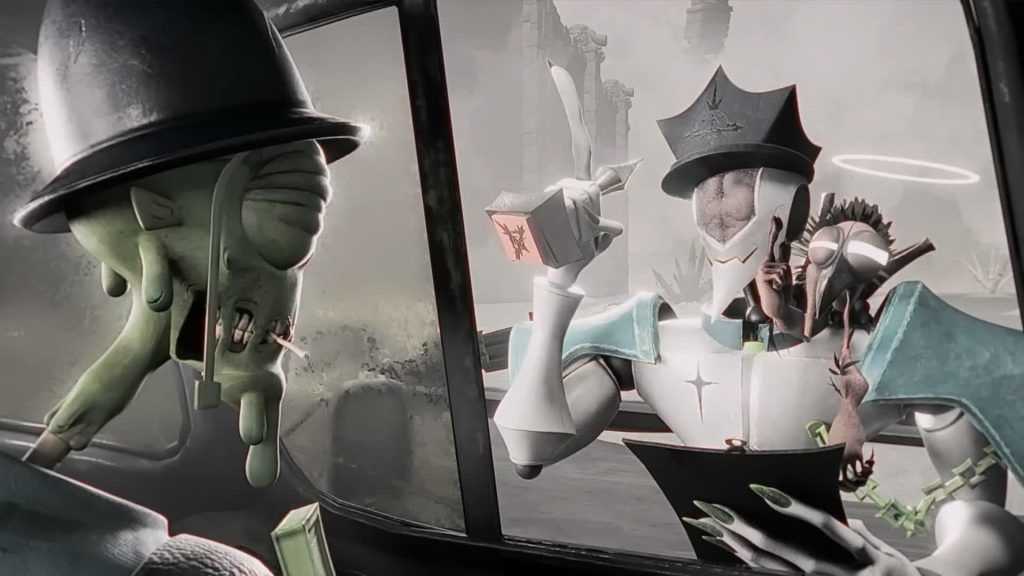Police encounter A robot officer and a strange creature question a nervous driver in a monochrome world in The Gaslight District.